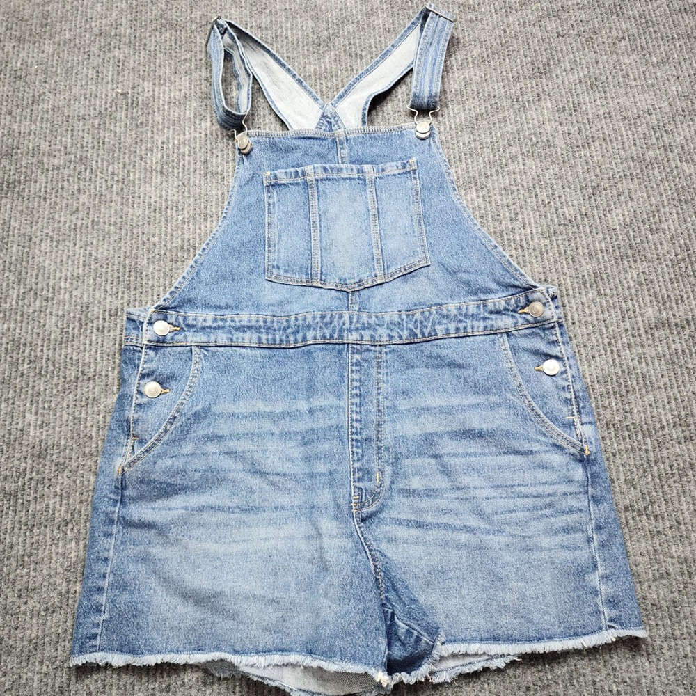 No Boundaries Denim Shortalls Medium Wash Frayed Hem Bib Overalls Size L 11-13 - Picture 1 of 6